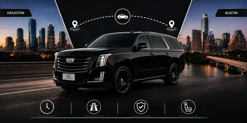 Luxury Cadillac Escalade chauffeur service traveling between Houston and Austin with illuminated city skylines, a route map connecting both cities, premium travel icons, and the official Lavish Ride logo displayed on the front license plate.